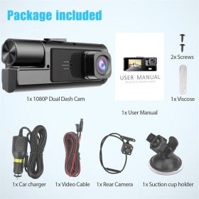 Dash Cam Car HD 1080P Front-Rear-Inside Dual Lens Video Recorder Camera G-Sensor (Color: Black)